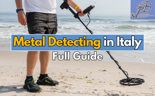 Picture of a man metal detecting on the beach with text saying metal detecting in italy.