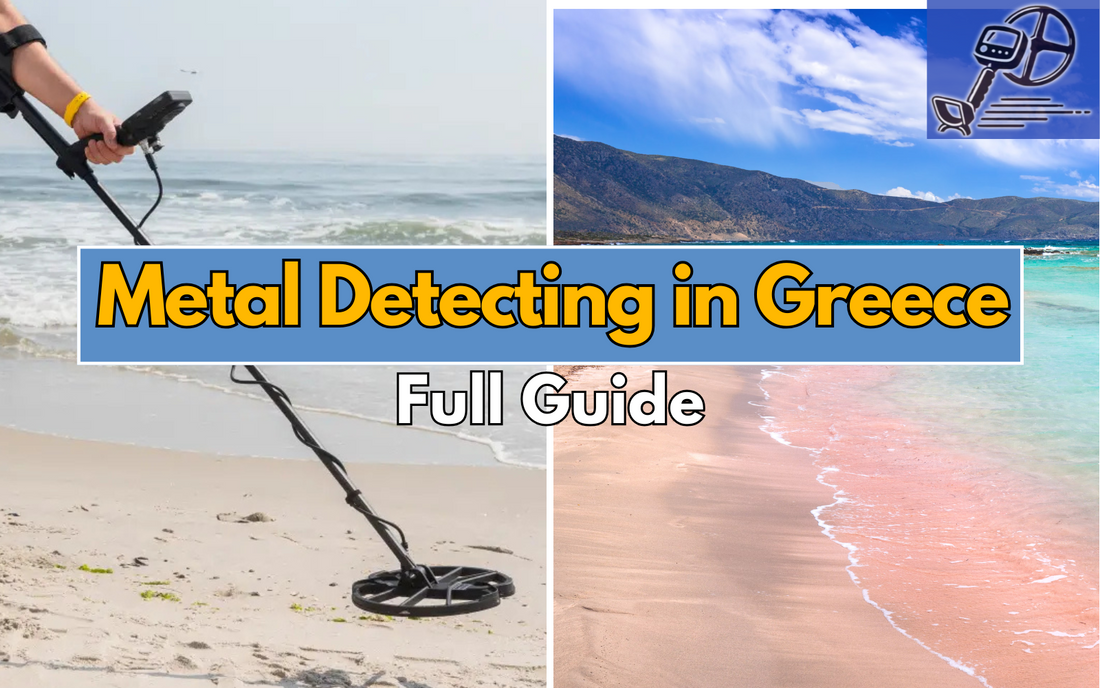 Picture showing two pictures of beautiful beaches and a metal detector with text saying metal detecting in Greece.
