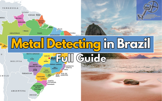 a picture of a map of Brazil and a brazilian beach with text saying metal detecting in Brazil.