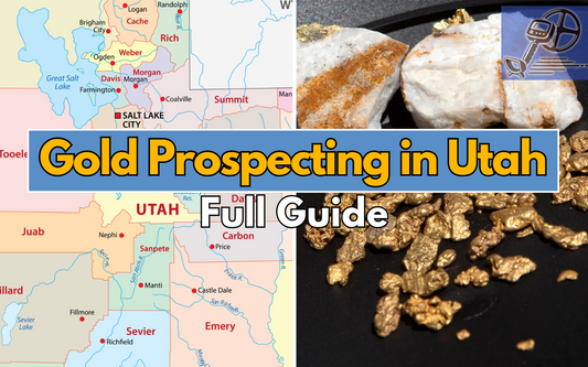 picture of gold nuggets and a picture of a map of utah with text saying gold prospecting in Utah.