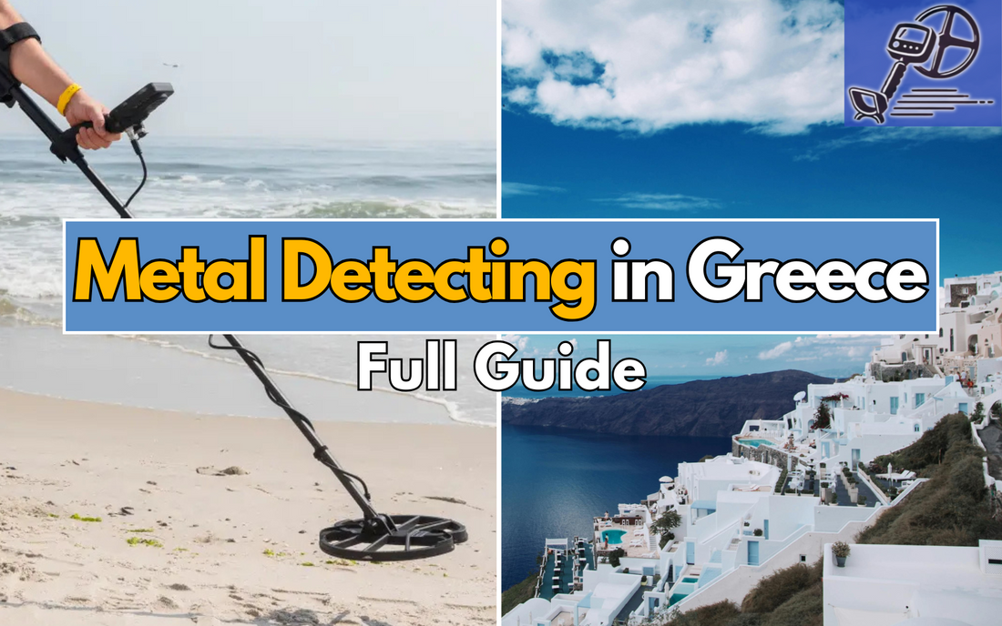 picture of a metal detector and picture of greece landscape with text saying metal detecting in greece.