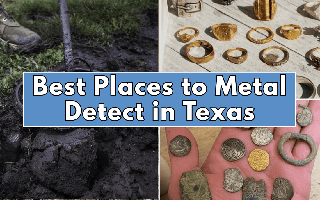 pictures of treasure found metal detecting and text saying best places to metal detect in Texas.