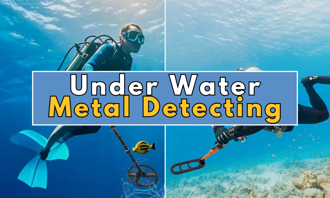 Two images showing underwater metal detecting with a text descibing that.