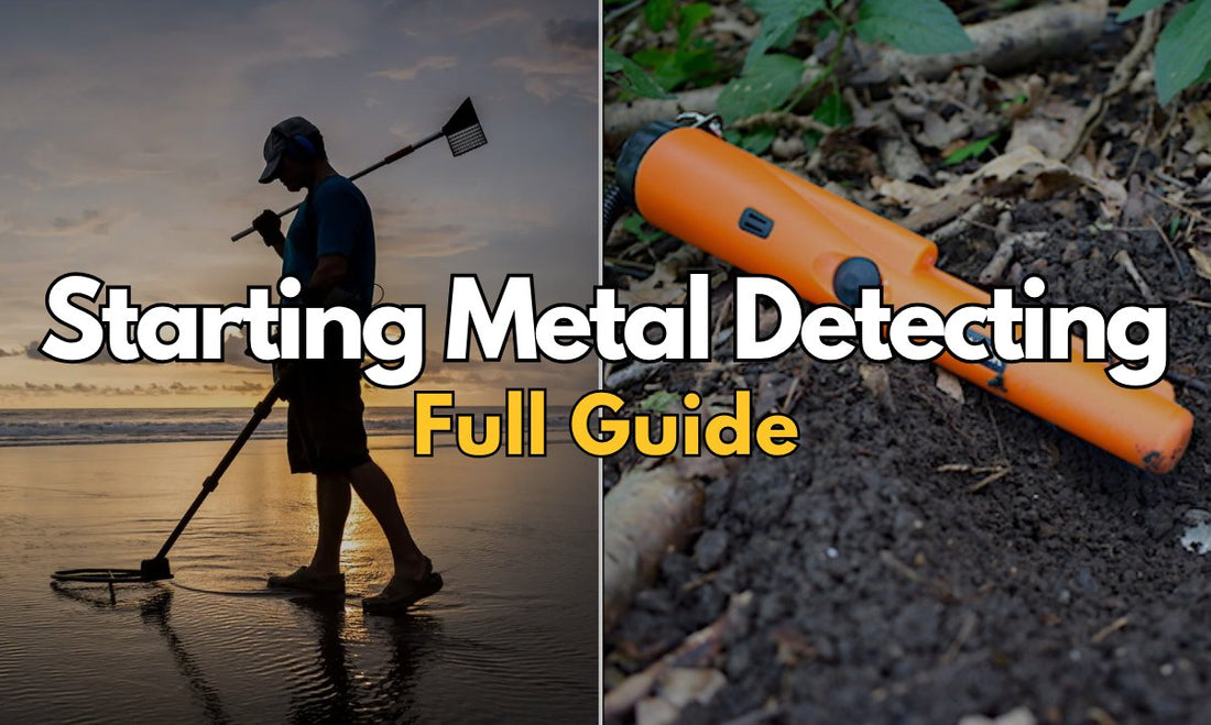 Collage of two images showing someone metal detecting and a pinpointer guiding viewers on how to start metal detecting.