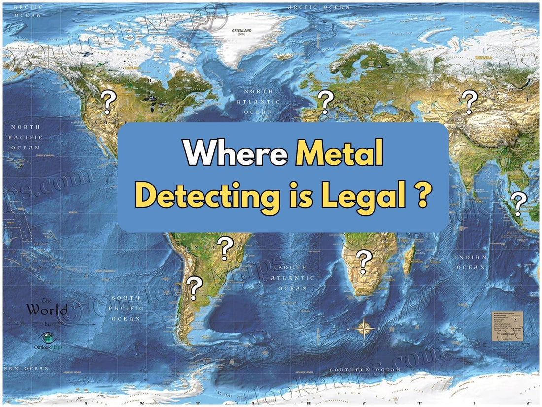 Illustration of a the worId map, with the text " Where Is Metal Detecting Legal ?" and with question marks element across different countries.