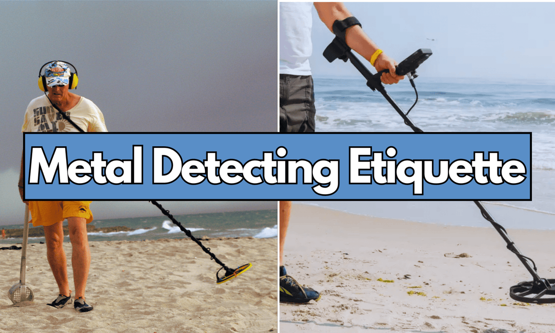 Image of men metal detecting on the beach with a text written metal detecting etiquette
