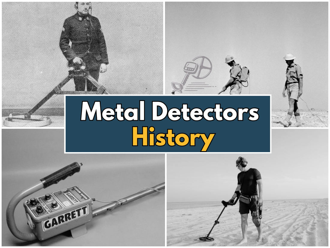 Historical images showcasing the evolution of metal detectors, from early military models to modern beach-use detectors.