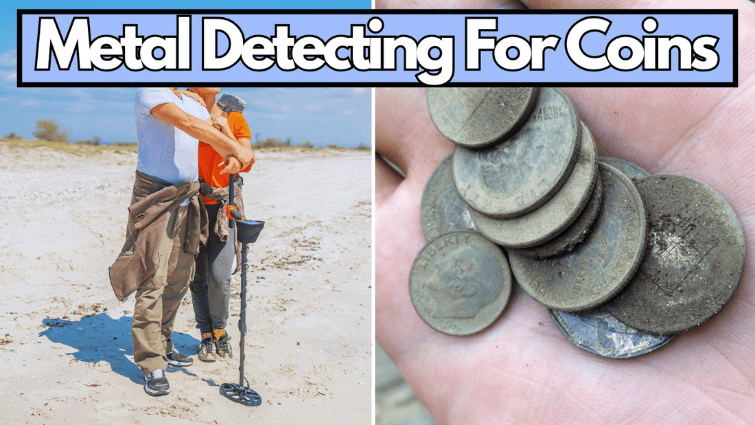 Image of a man metal detecting on the left and coins on the right with text saying metal detecting for coins.