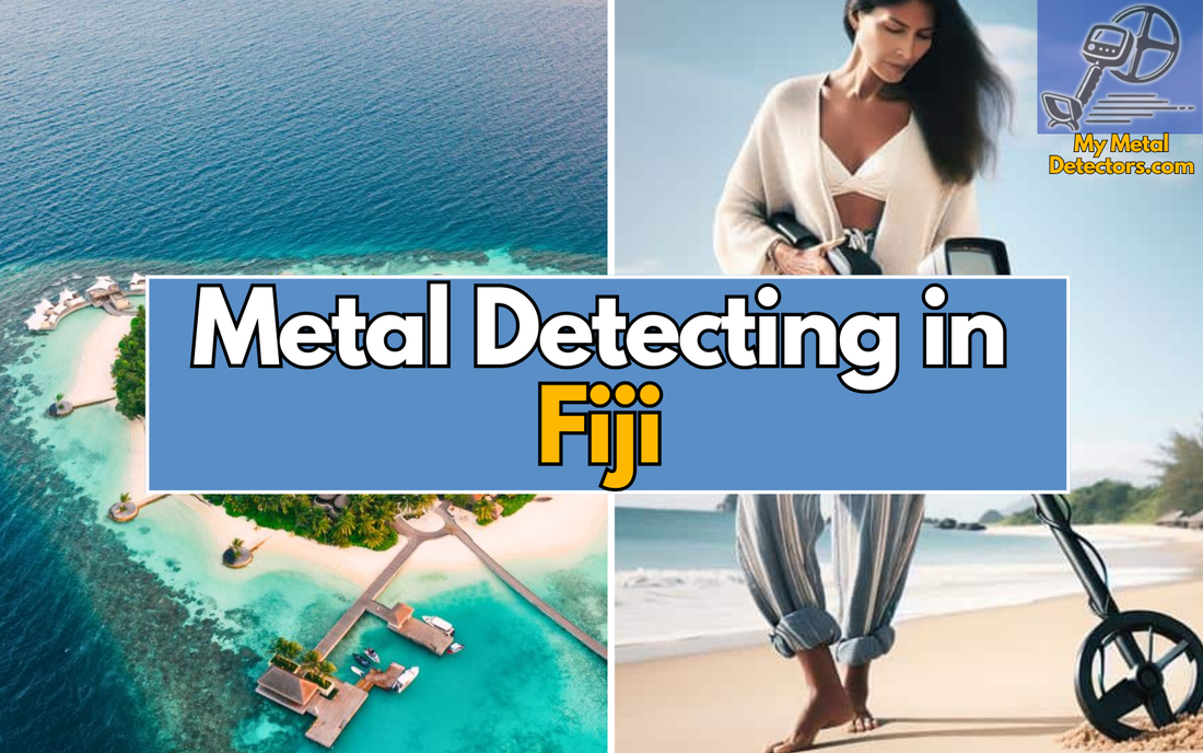 2 images of Fidji beaches and a woman on the beach searching with a Metal Detector.