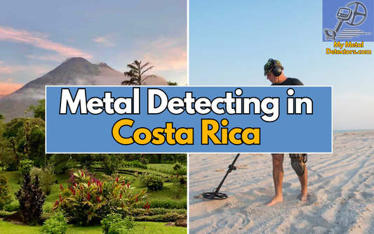 2 images of Costa Rica mountain and a man on the beach searching with a Metal Detector.