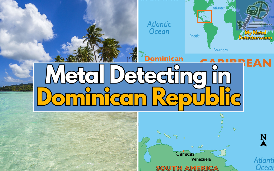 text Metal Detecting in Dominican Republic with 2 images of a Dominican Republicbeach and a Dominican Republic map