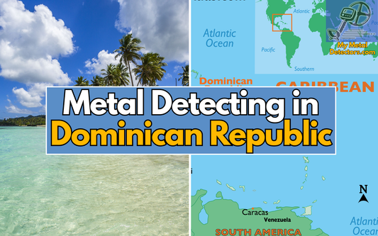 text Metal Detecting in Dominican Republic with 2 images of a Dominican Republicbeach and a Dominican Republic map
