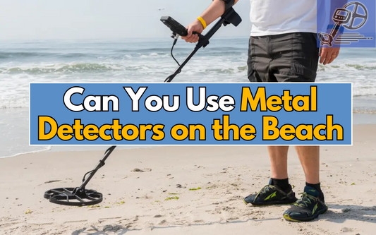 a picture of a man metal detecting on the beach with a text saying can you use metal detectors on the beach.