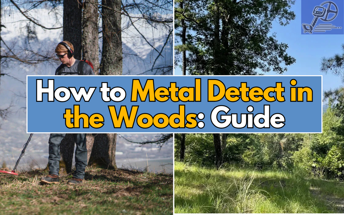picture of a man metal detecting in the woods with text saying how to metal detect in the woods:guide