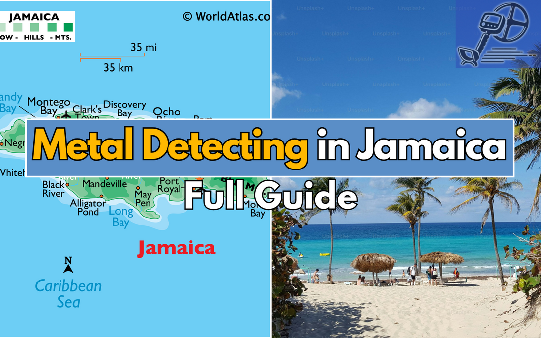 A picture of a map of Jamaica and a jamaica beach with text saying metal detecting in Jamaica.