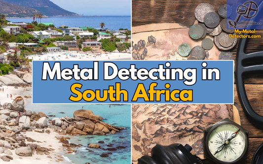 a picture of a south Africa beach and a treasure map with text saying metal detecting in south Africa