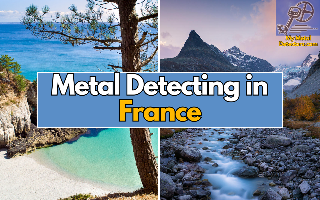 text Metal Detecting in France with 2 images of a french beach and a french river