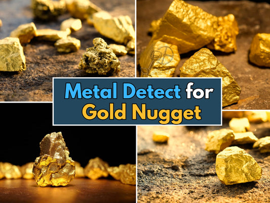 Images of gold nuggets, with the text "Metal detect for Gold Nugget".