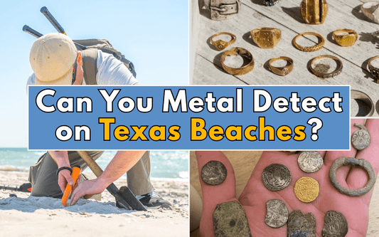Pictures of treasure found metal detecting; with a text saying can you metal detect on texas beaches
