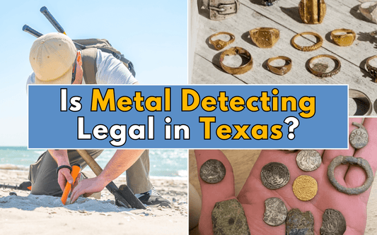 two pictures in the back ground; one of a metal detector and another a judge hammer with text saying is metal detecting legal in texas.