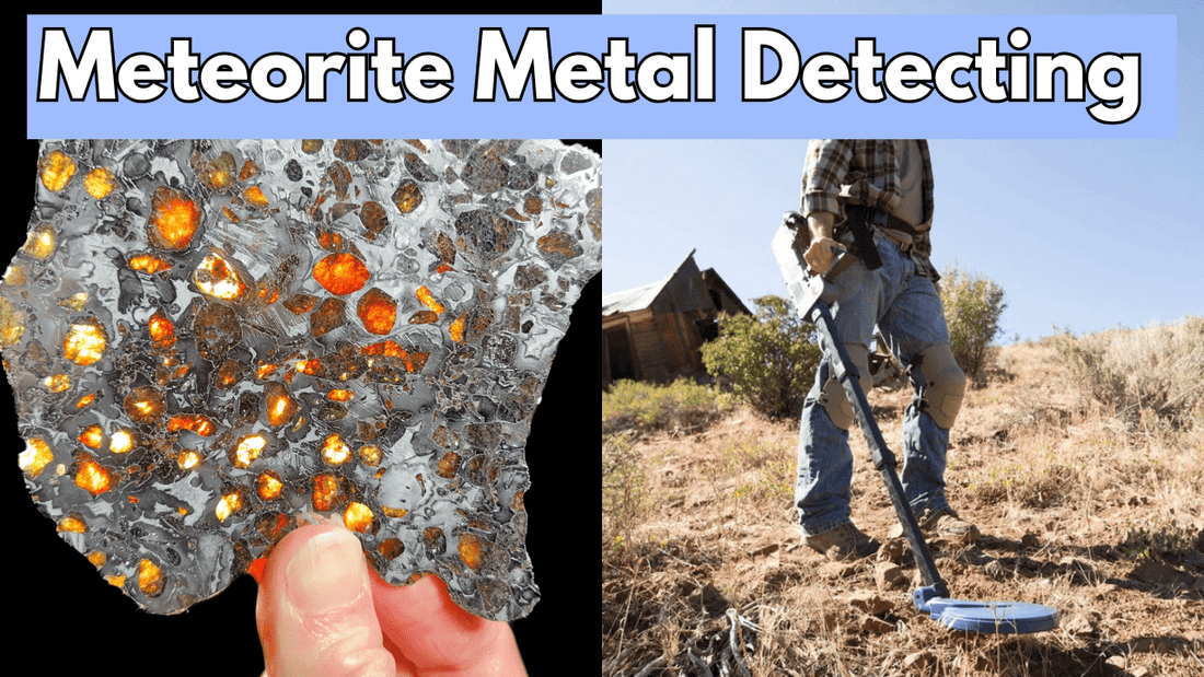 Image of a meteorite and image of a man metal detecting in the desert