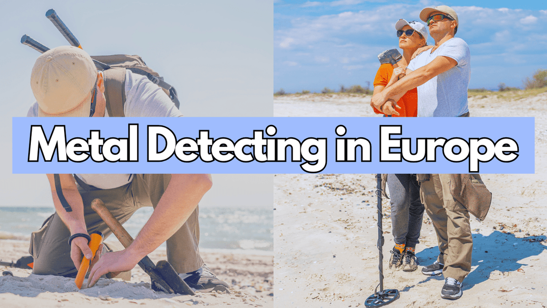 Images of metal detectorists with a text saying metal detecting in europe.