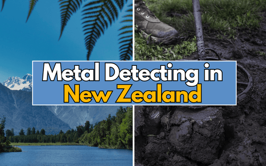 Picture of newzealand in the background and a metal detector and text saying metal detecting in new zealand.