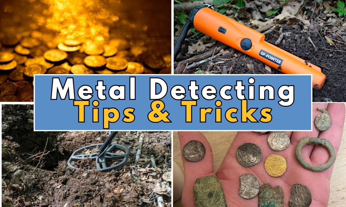 Images showing coins and metal detecting equipment with a text mentioning "Metal detecting Tips & Tricks".