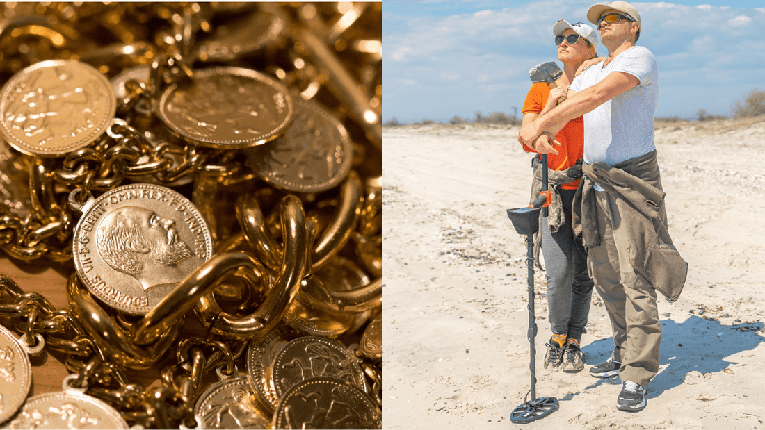 Image showing a metal detector and gold treasure